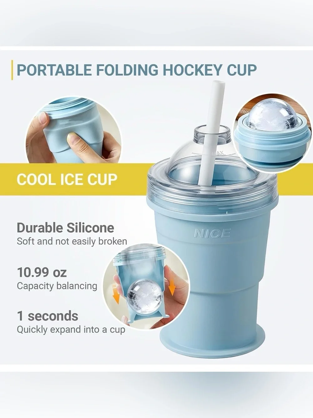 Portable Foldable Ice Hockey Drink Cup With Ice Ball Mold (Blue+Yellow)